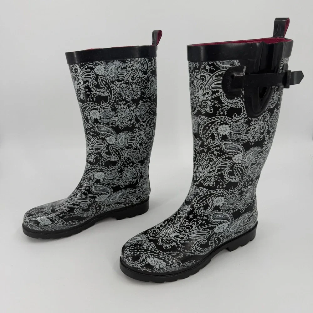 Capelli New York Rain Boots Womens Size 8 Black White Floral Paisley Side Buckle